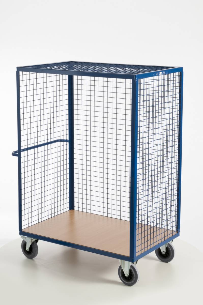 Schrankwagen,Tragl. 600kg,Ladefl. LxB 980x700mm,Holzplatte,3 Wände,RAL5010,TPE-Bereifung