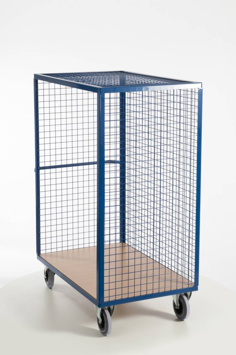 Schrankwagen,Tragl. 600kg,Ladefl. LxB 980x700mm,Holzplatte,3 Wände,RAL5010,TPE-Bereifung