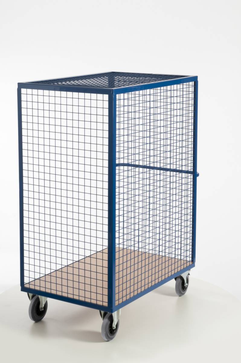 Schrankwagen,Tragl. 600kg,Ladefl. LxB 980x700mm,Holzplatte,3 Wände,RAL5010,TPE-Bereifung