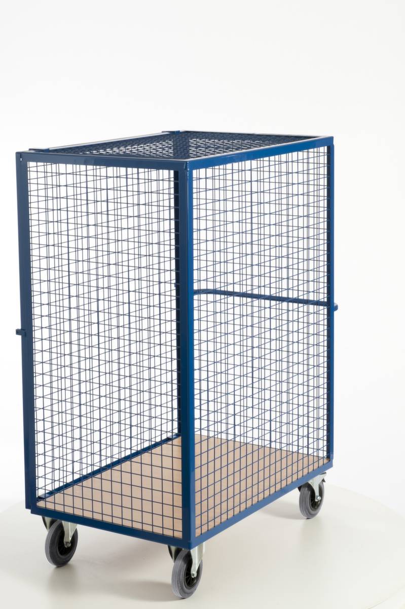 Schrankwagen,Tragl. 600kg,Ladefl. LxB 980x700mm,Holzplatte,4 Wände,RAL5010,TPE-Bereifung