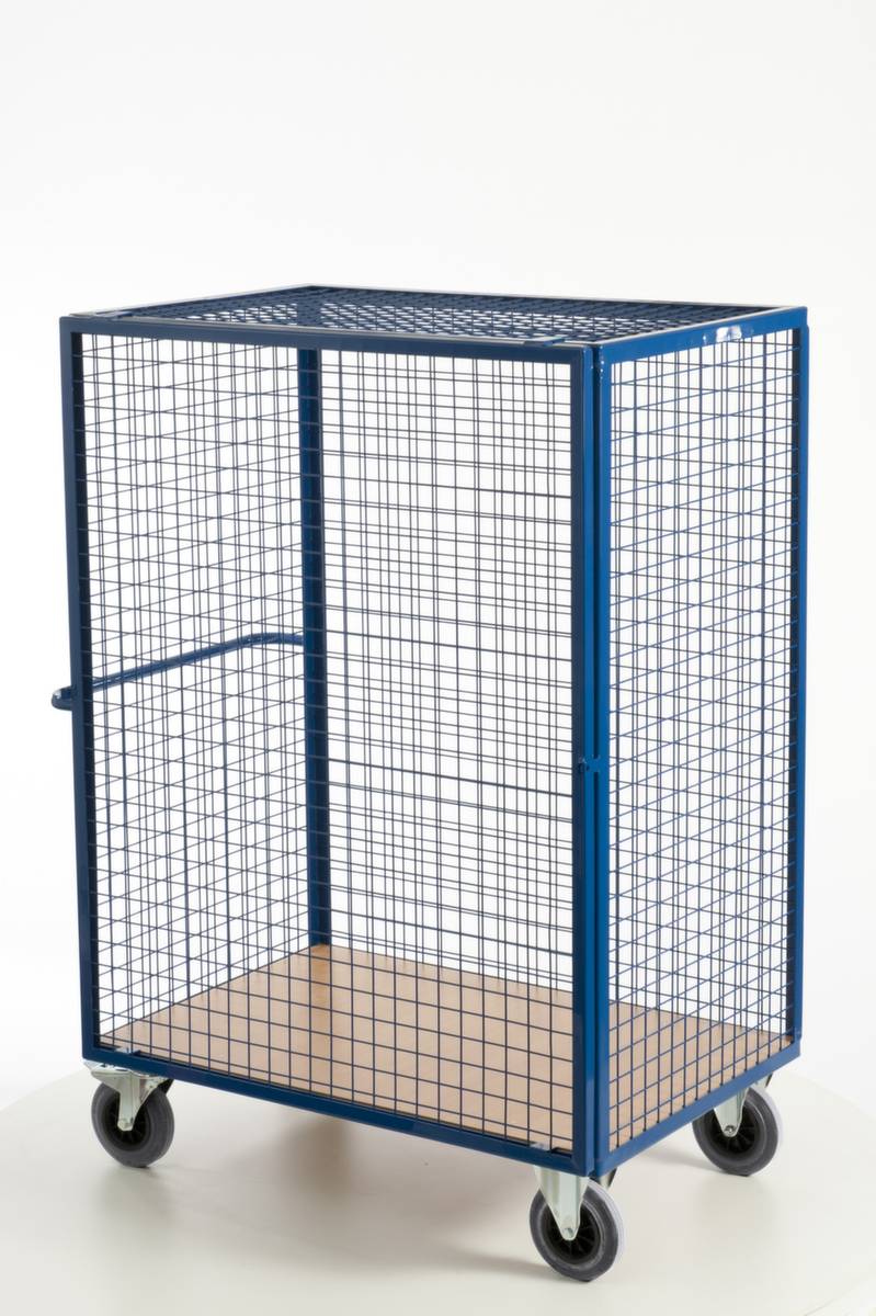 Schrankwagen,Tragl. 600kg,Ladefl. LxB 980x700mm,Holzplatte,4 Wände,RAL5010,TPE-Bereifung