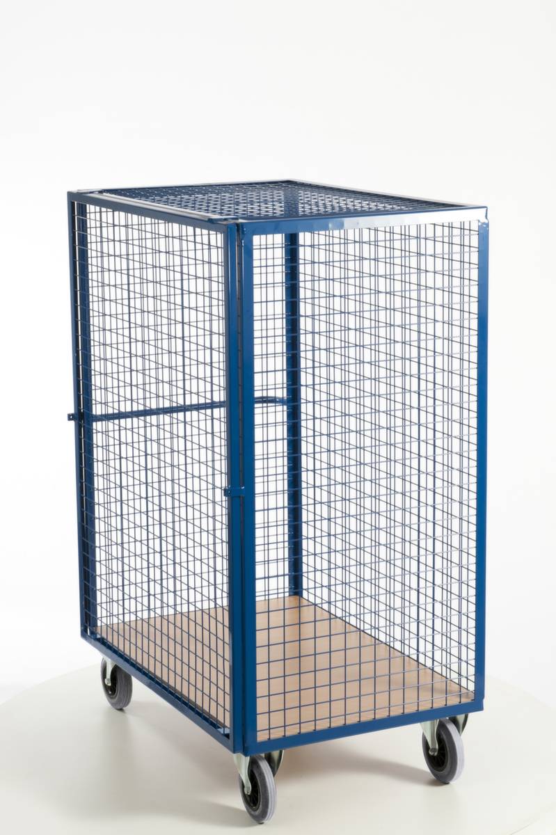 Schrankwagen,Tragl. 600kg,Ladefl. LxB 980x700mm,Holzplatte,4 Wände,RAL5010,TPE-Bereifung