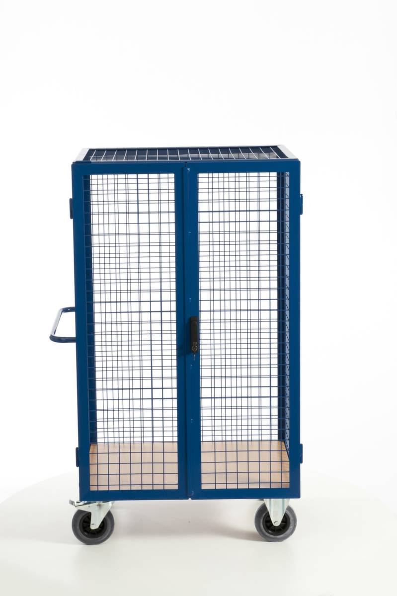 Schrankwagen,Tragl. 600kg,Ladefl. LxB 980x700mm,Holzplatte,3 Wände (drahtgitter) mit Tür,Zylinderschloss,RAL5010