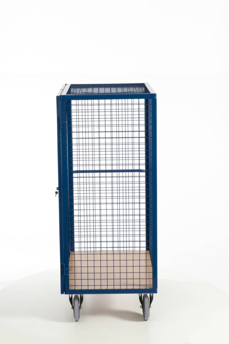 Schrankwagen,Tragl. 600kg,Ladefl. LxB 980x700mm,Holzplatte,3 Wände (drahtgitter) mit Tür,Zylinderschloss,RAL5010