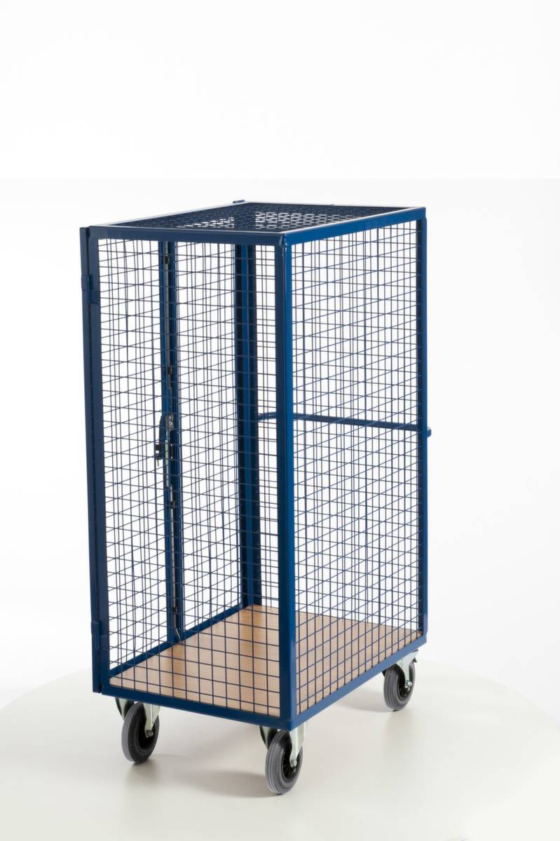 Schrankwagen,Tragl. 600kg,Ladefl. LxB 980x700mm,Holzplatte,3 Wände (drahtgitter) mit Tür,Zylinderschloss,RAL5010