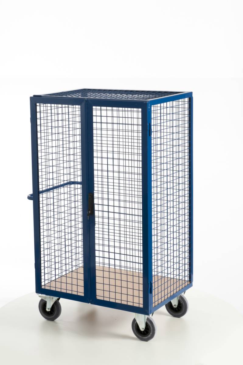 Schrankwagen,Tragl. 600kg,Ladefl. LxB 980x700mm,Holzplatte,3 Wände (drahtgitter) mit Tür,Zylinderschloss,RAL5010