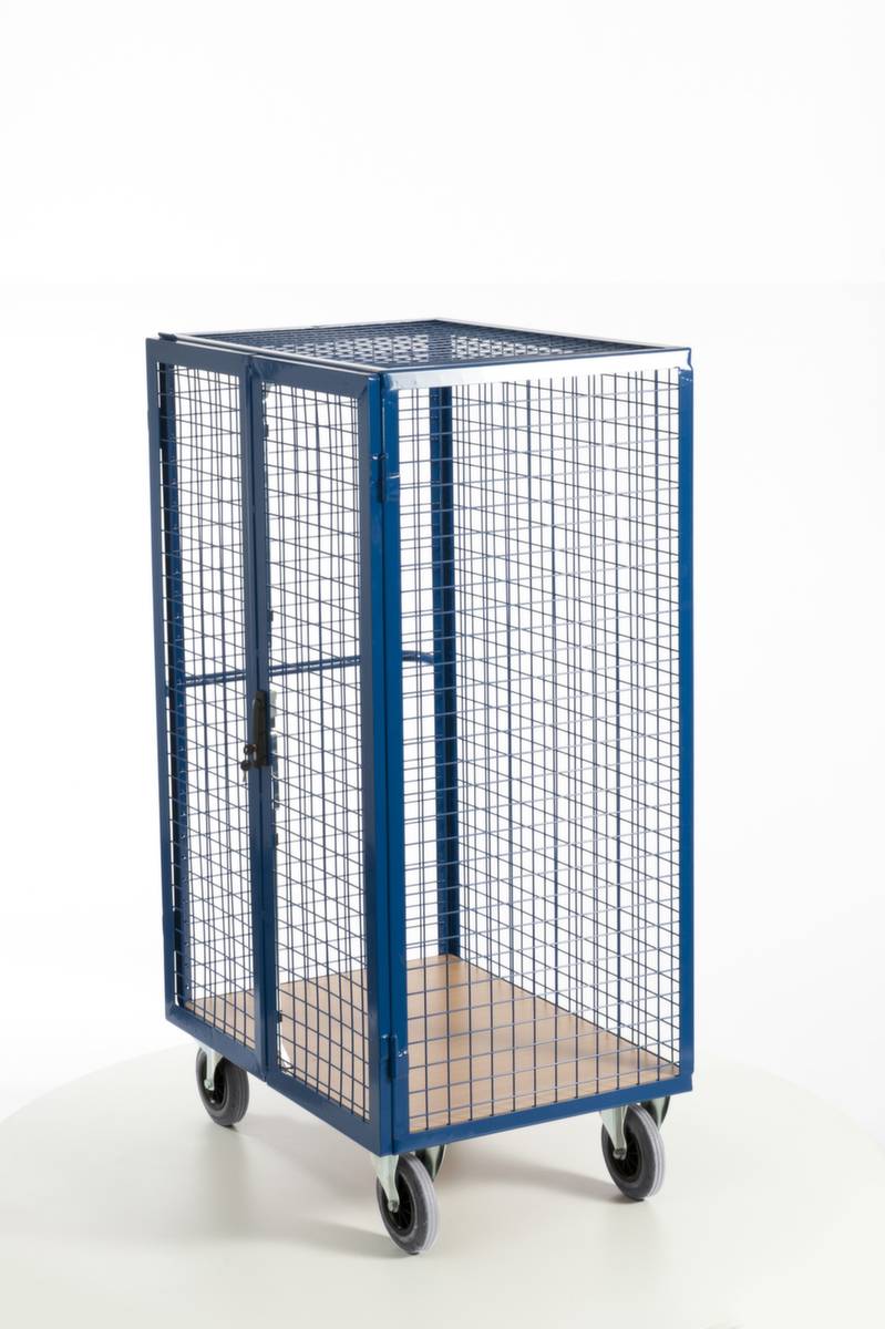 Schrankwagen,Tragl. 600kg,Ladefl. LxB 980x700mm,Holzplatte,3 Wände (drahtgitter) mit Tür,Zylinderschloss,RAL5010
