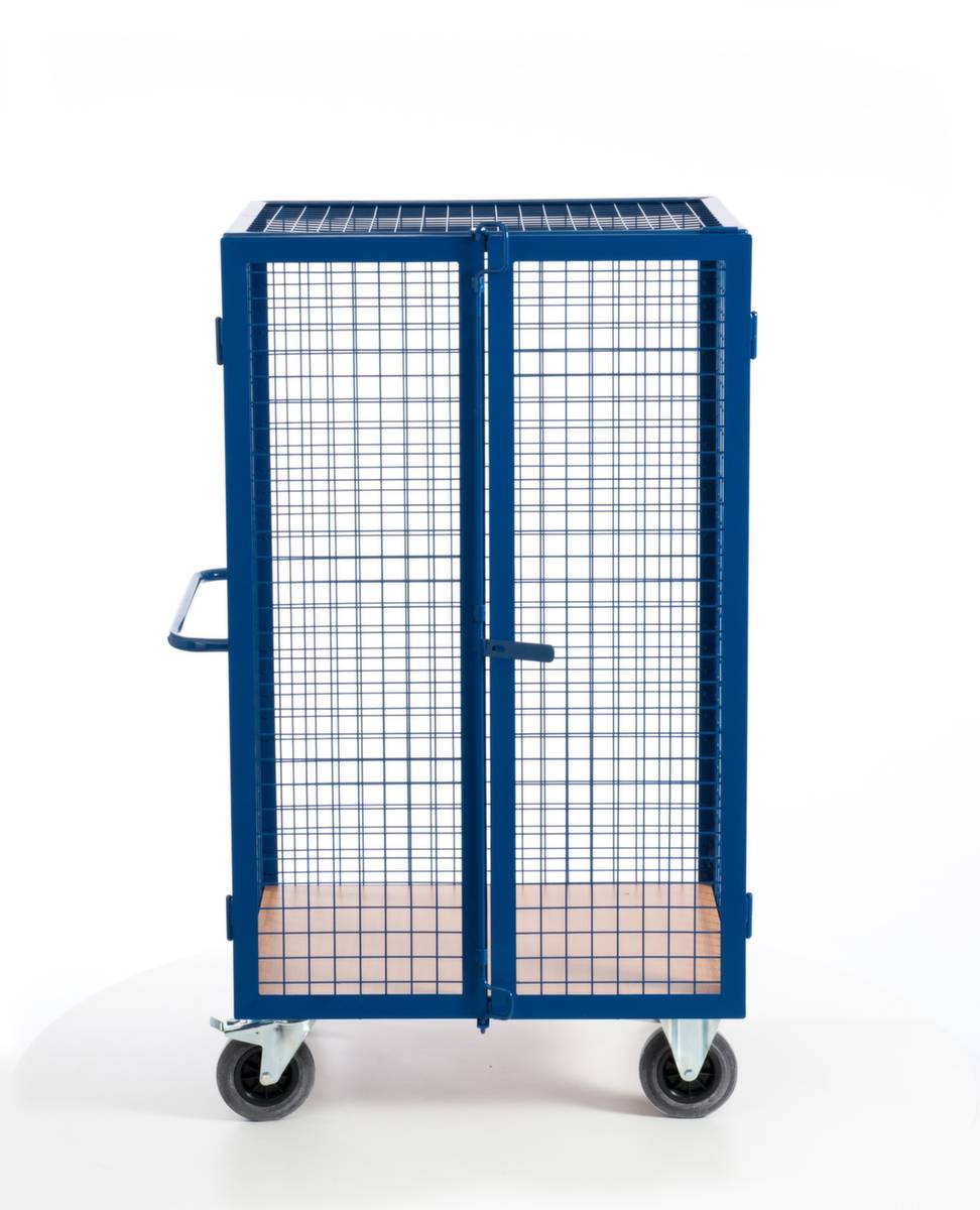 Schrankwagen,Tragl. 600kg,Ladefl. LxB 980x700mm,Holzplatte,3 Gitterwände,Tür,RAL5010,TPE-Bereifung