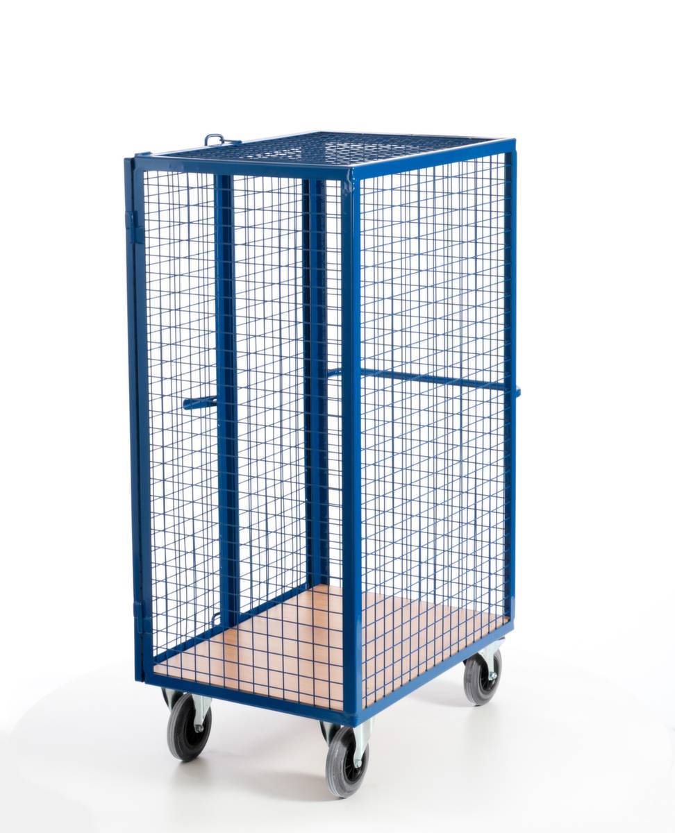 Schrankwagen,Tragl. 600kg,Ladefl. LxB 980x700mm,Holzplatte,3 Gitterwände,Tür,RAL5010,TPE-Bereifung