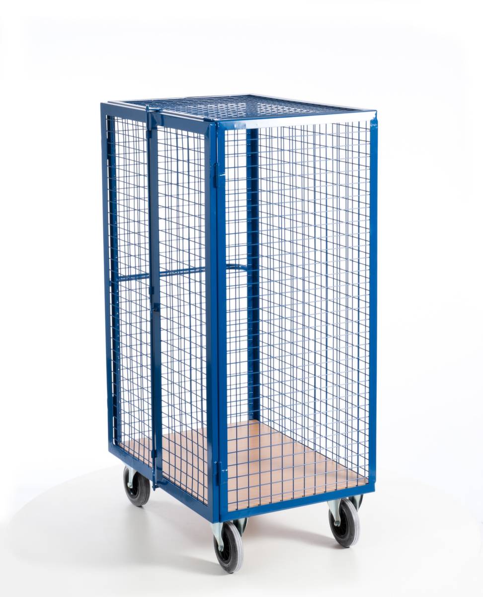 Schrankwagen,Tragl. 600kg,Ladefl. LxB 980x700mm,Holzplatte,3 Gitterwände,Tür,RAL5010,TPE-Bereifung