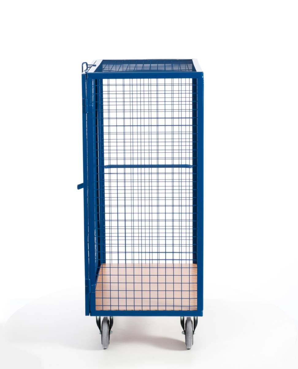 Schrankwagen,Tragl. 600kg,Ladefl. LxB 980x700mm,Holzplatte,3 Gitterwände,Tür,RAL5010,TPE-Bereifung