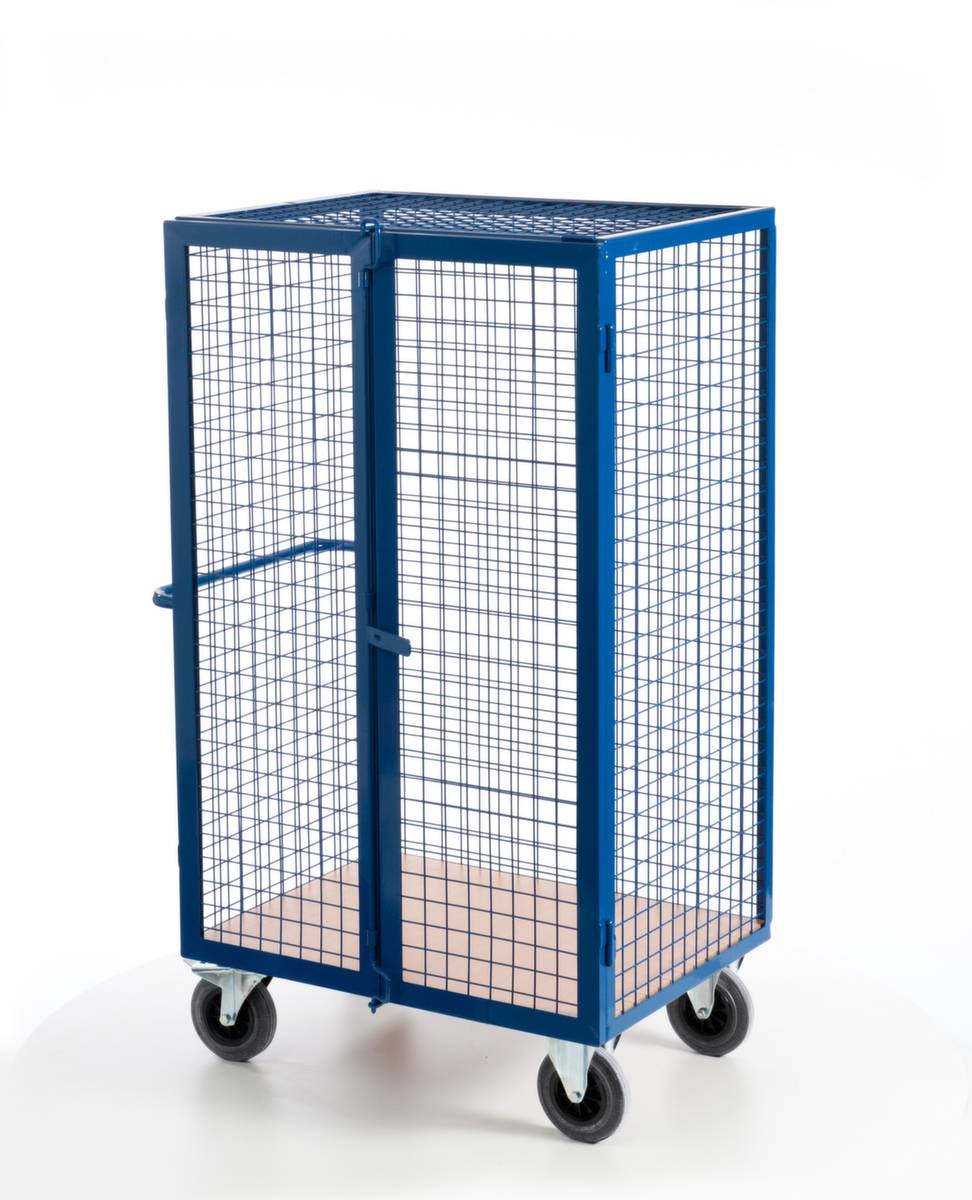 Schrankwagen,Tragl. 600kg,Ladefl. LxB 980x700mm,Holzplatte,3 Gitterwände,Tür,RAL5010,TPE-Bereifung