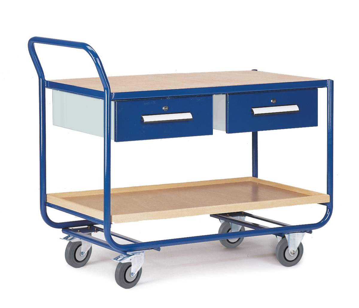 Schrankwagen,Tragl. 300kg,Ladefl. LxB 1000x600mm,RAL7035/RAL5010,2 Schubladen,HxLxB 990x1170x600mm,TPE-Bereifung