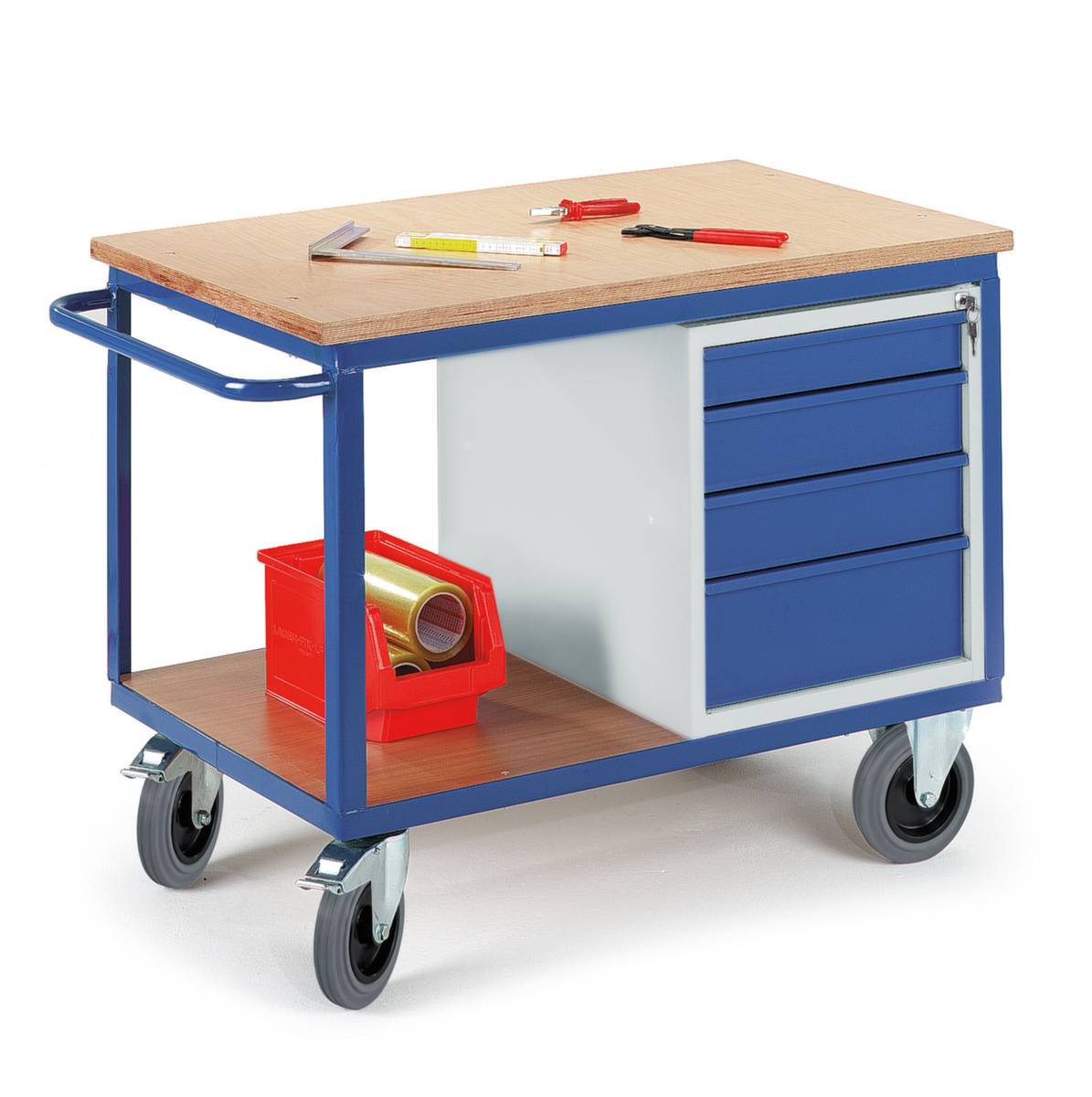 Schrankwagen,Tragl. 600kg,2 Etage(n),Ladefl. LxB 1150x700mm,Holzplatte,RAL7035/RAL5010,4 Schubladen,HxLxB 950x1250x700mm