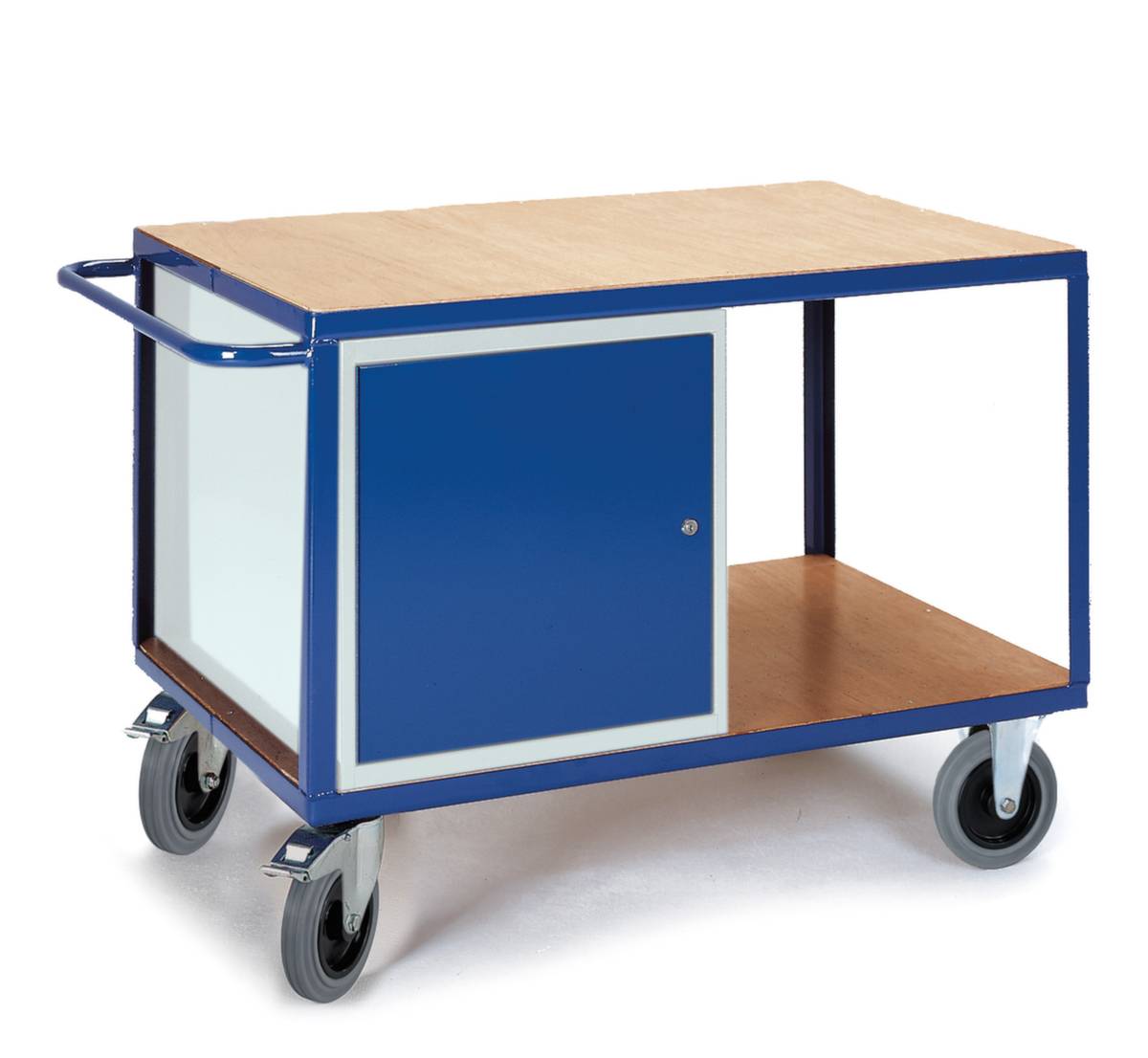 Schrankwagen,Tragl. 600kg,2 Etage(n),Ladefl. LxB 1200x800mm,Holzplatte,RAL7035/RAL5010,1 Schränke,HxLxB 920x1350x800mm