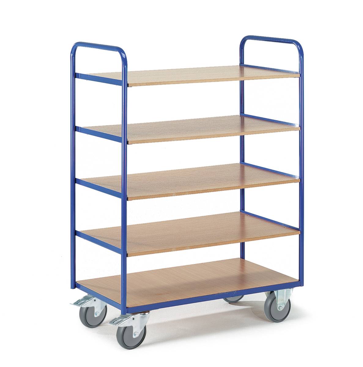 Etagenwagen,Tragl. 250kg,5 Etage(n),Ladefl. LxB 800x500mm,Holzböden,RAL5010,TPE-Bereifung