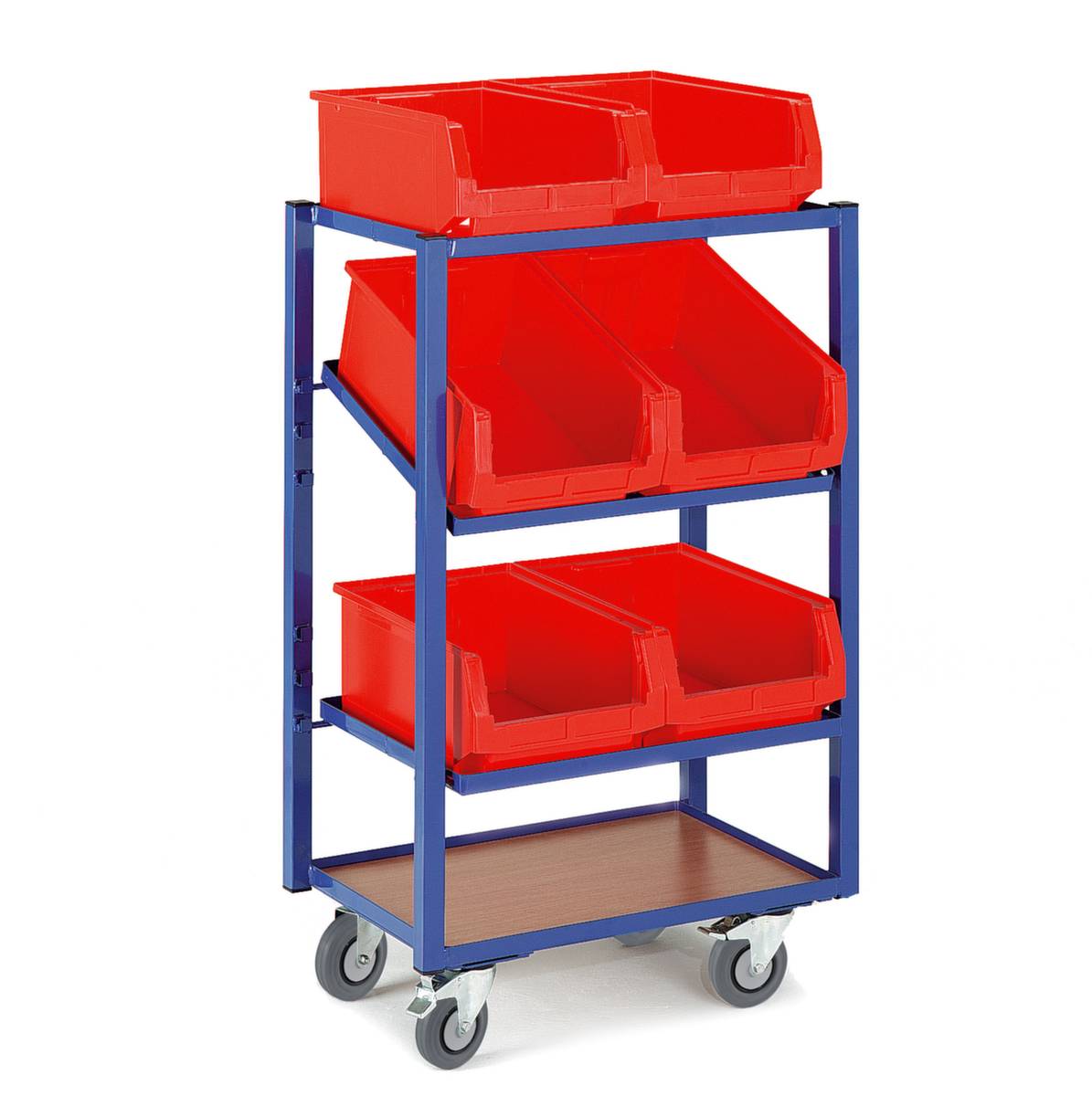 Etagenwagen,Tragl. 200kg,4 Etage(n),Ladefl. LxB 650x470mm,Holzplatte,Rahmen neigbar,RAL5010,TPE-Bereifung