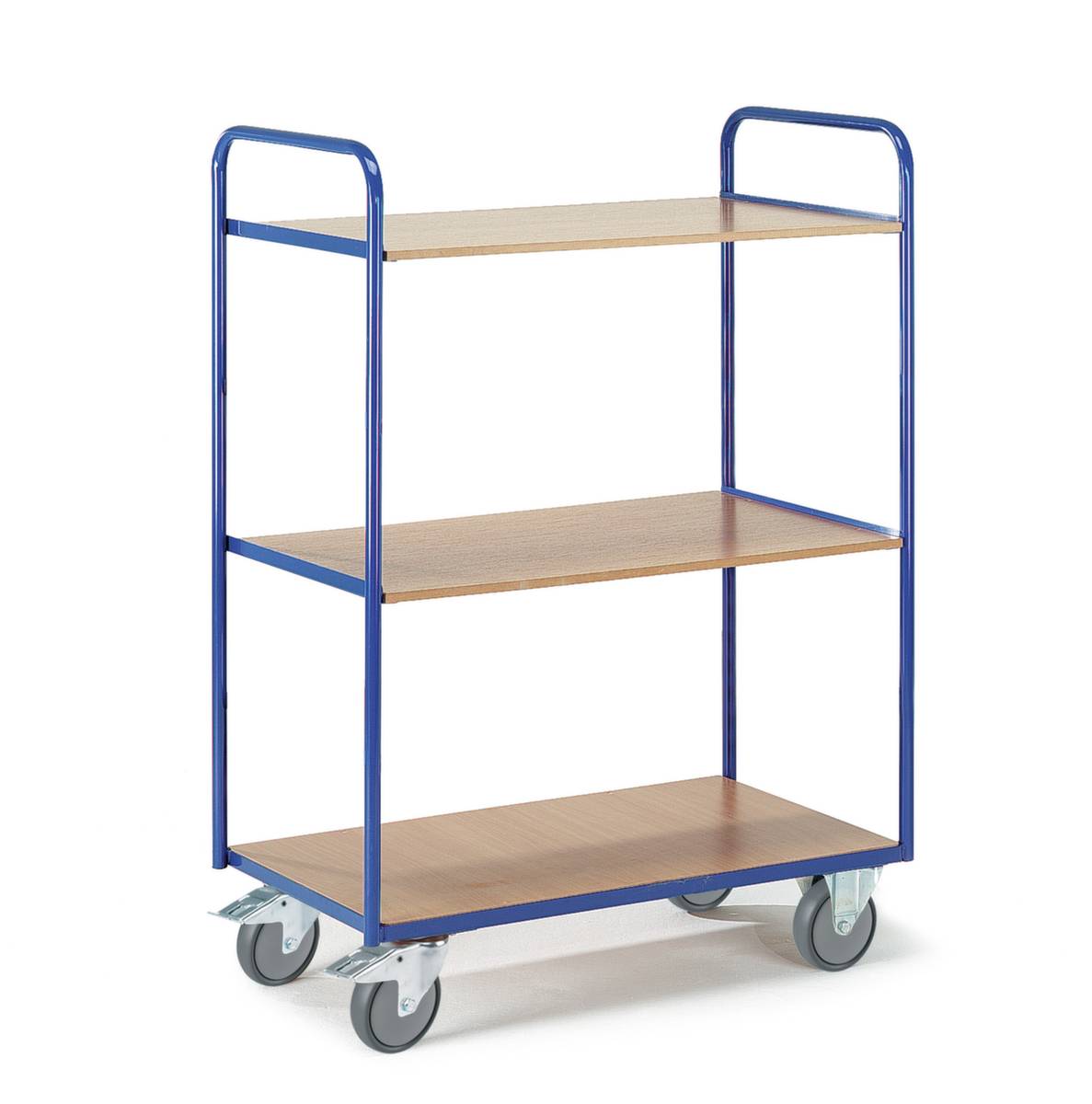 Etagenwagen,Tragl. 250kg,3 Etage(n),Ladefl. LxB 1000x600mm,Holzböden,RAL5010,TPE-Bereifung