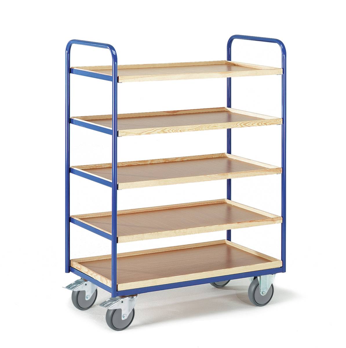 Etagenwagen,Tragl. 250kg,5 Etage(n),Ladefl. LxB 1000x575mm,Holzböden,RAL5010,TPE-Bereifung