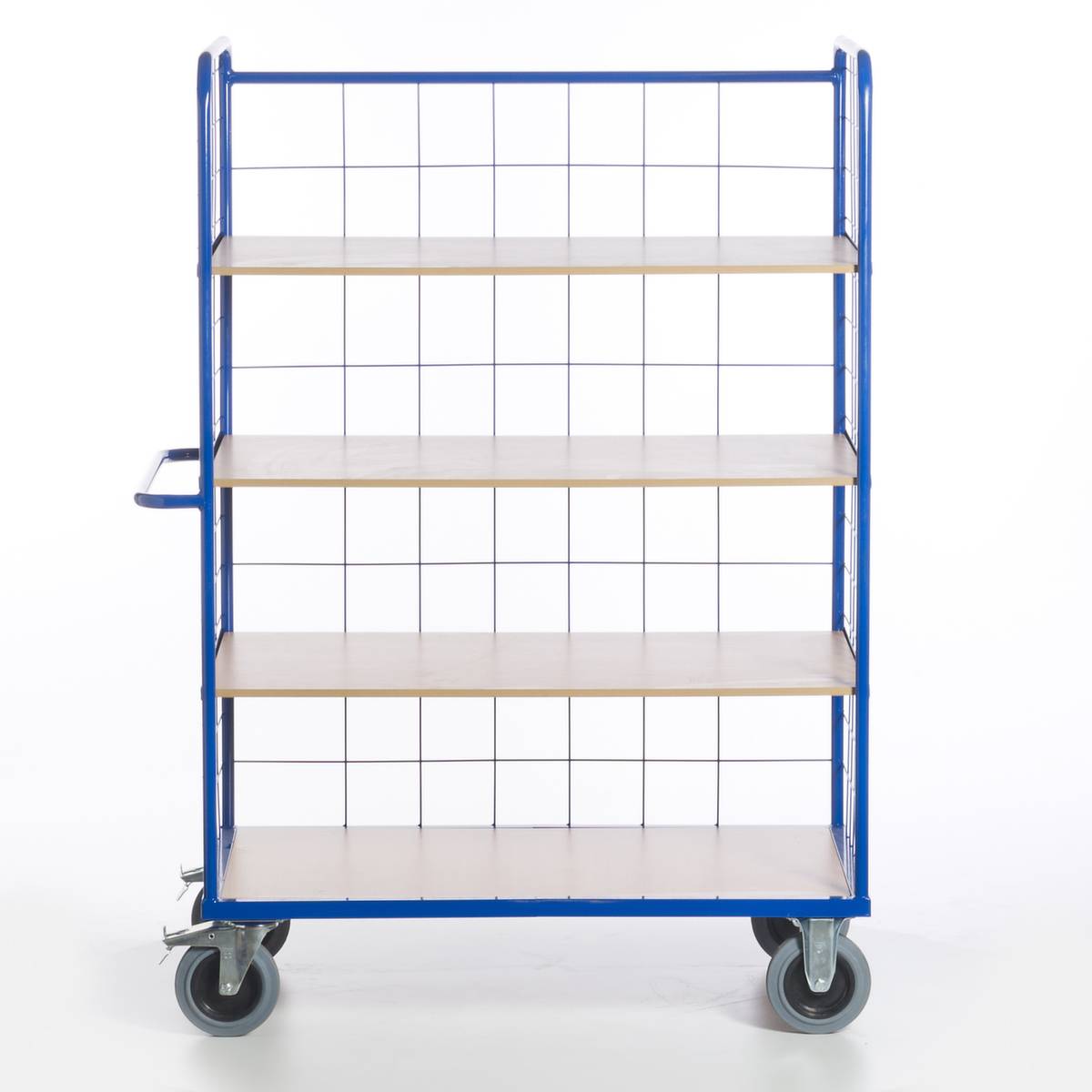 Etagenwagen,Tragl. 600kg,4 Etage(n),Ladefl. LxB 1200x740mm,Holzböden,RAL5010,TPE-Bereifung