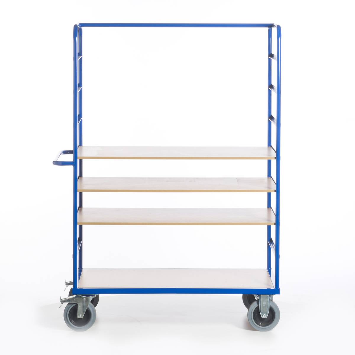 Etagenwagen,Tragl. 600kg,4 Etage(n),Ladefl. LxB 1200x740mm,Holzböden,RAL5010,TPE-Bereifung