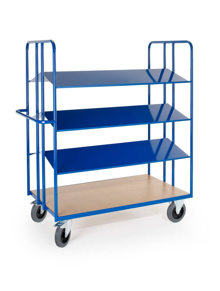 Kommissionierwagen,Tragl. 300kg,4 Etage(n),Ladefl. LxB 1350x400mm,Stahlböden,geneigt,Holzplattform,RAL5010,TPE-Bereifung