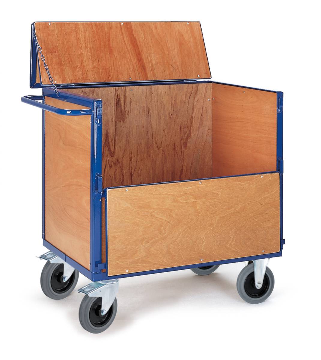 Holz-Kastenwagen,Tragl. 600kg,Ladefl. LxB 1165x765mm,HxLxB 1065x1350x820mm,4 Wände,m. Deckel,RAL5010,TPE-Bereifung