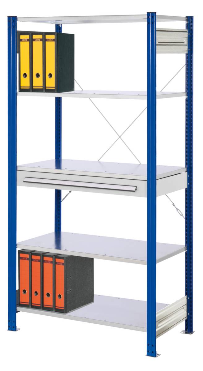 Kombiregal,Grundfeld,HxBxT 2000x1000x500mm,Fachl. 125kg,5xStahlboden,1 Schublade(n),einseitig,Ständer enzianblau