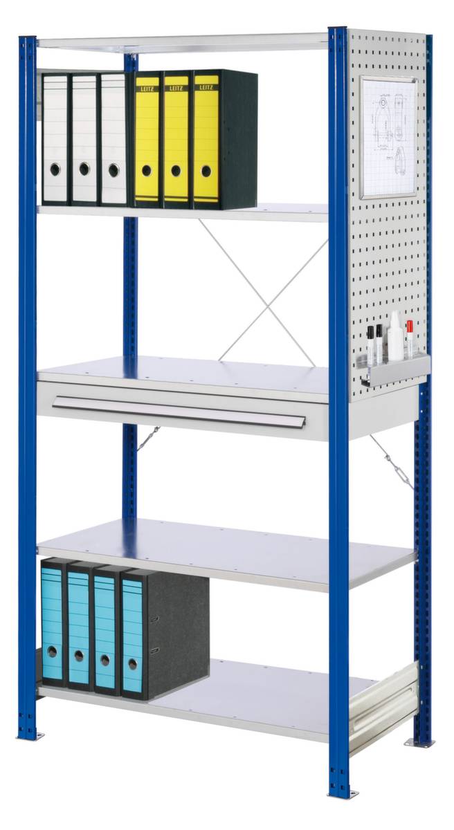 Kombiregal,Grundfeld,HxBxT 2000x1000x500mm,Fachl. 125kg,5xStahlboden,1 Schublade(n),einseitig,Ständer enzianblau