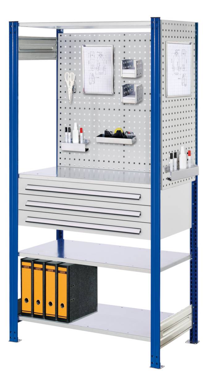 Kombiregal,Grundfeld,HxBxT 2000x1000x500mm,Fachl. 125kg,4xStahlboden,3 Schublade(n),einseitig,Ständer enzianblau