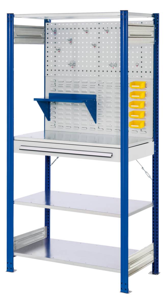 Kombiregal,Grundfeld,HxBxT 2000x1000x500mm,Fachl. 125kg,4xStahlboden,1 Schublade(n),einseitig,Ständer enzianblau