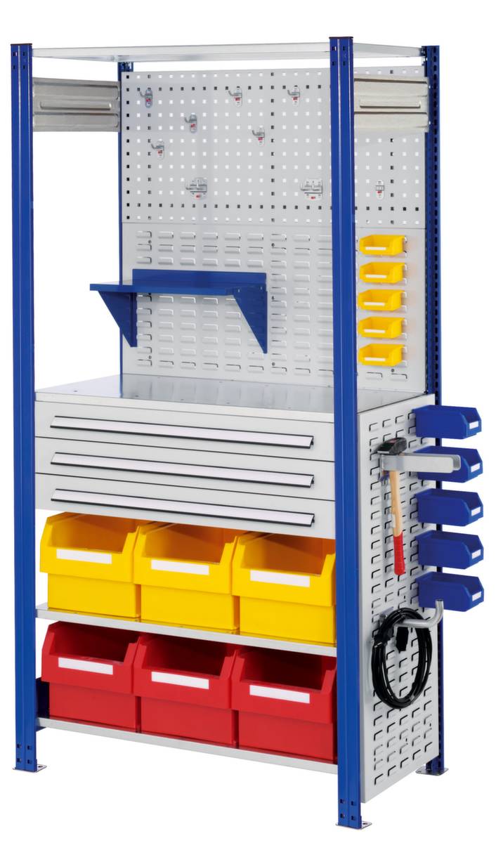 Kombiregal,Grundfeld,HxBxT 2000x1000x500mm,Fachl. 125kg,4xStahlboden,3 Schublade(n),16 Kästen,einseitig