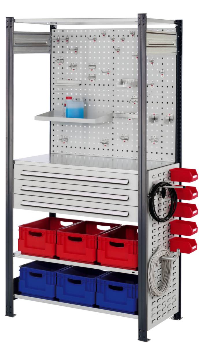 Kombiregal,Grundfeld,HxBxT 2000x1000x500mm,Fachl. 125kg,4xStahlboden,3 Schublade(n),11 Kästen,einseitig