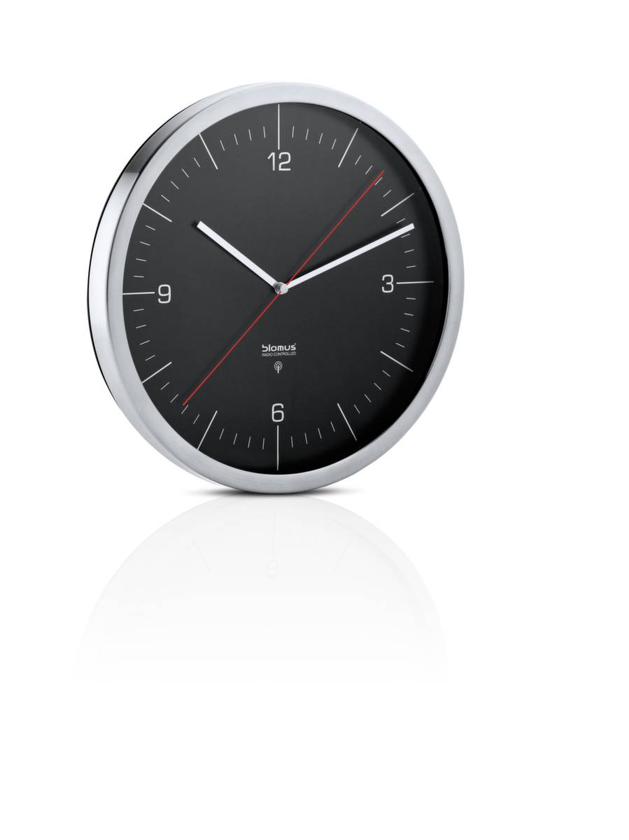 Wanduhr,Funk,arabische Zahlen/Striche,Ziffernblatt schwarz,Ø 305mm,Gehäuse Edelstahl,Batteriebetrieb