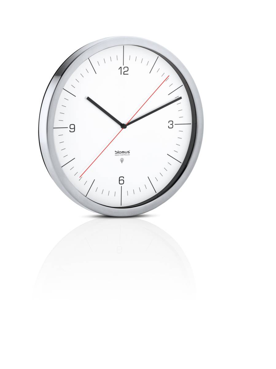 Wanduhr,Funk,arabische Zahlen/Striche,Ziffernblatt weiß,Ø 305mm,Gehäuse Edelstahl,Batteriebetrieb