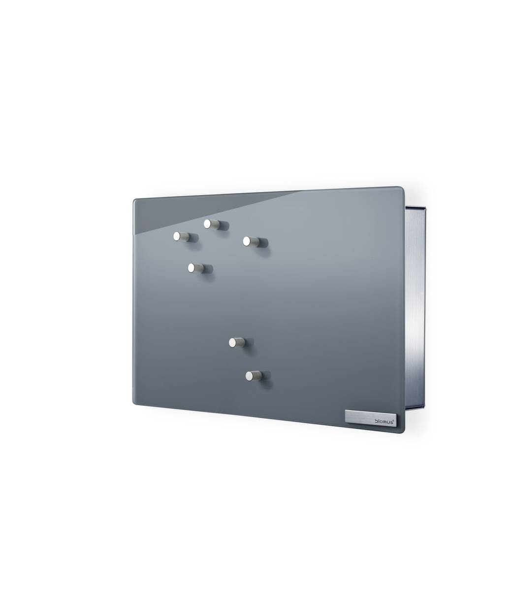Schlüsselkasten m. Glastafel,HxBxT 200x300x50mm,magnethaftend,Tafel Glas,grau,14 Haken/6 Magnete,Rahmen Edelstahl