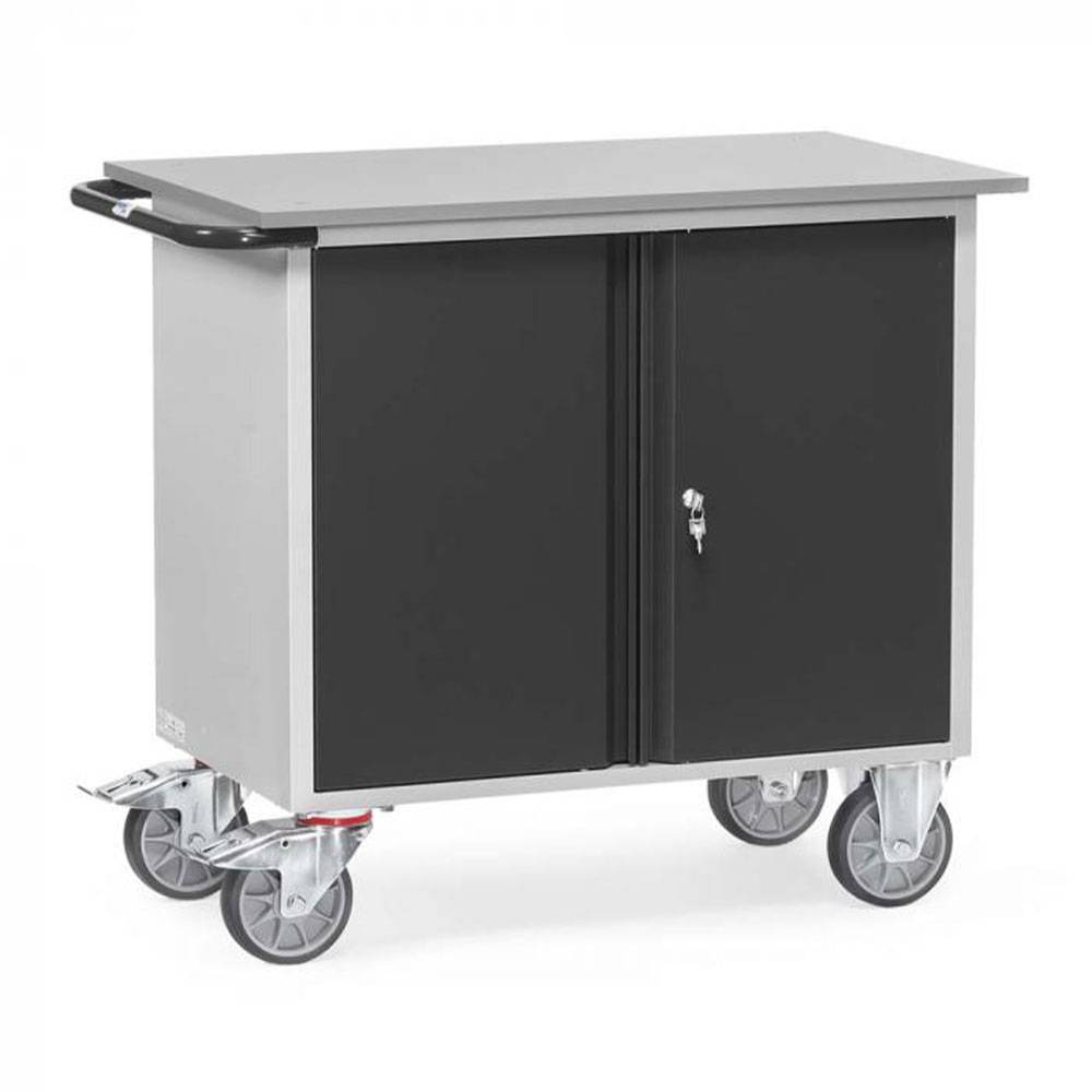 Werkstattwagen - 2 Lenk- und 2 Bockrollen - Tragkraft 400 kg - Ladefläche 985 x 590 mm - mit zweitürigem Schrank