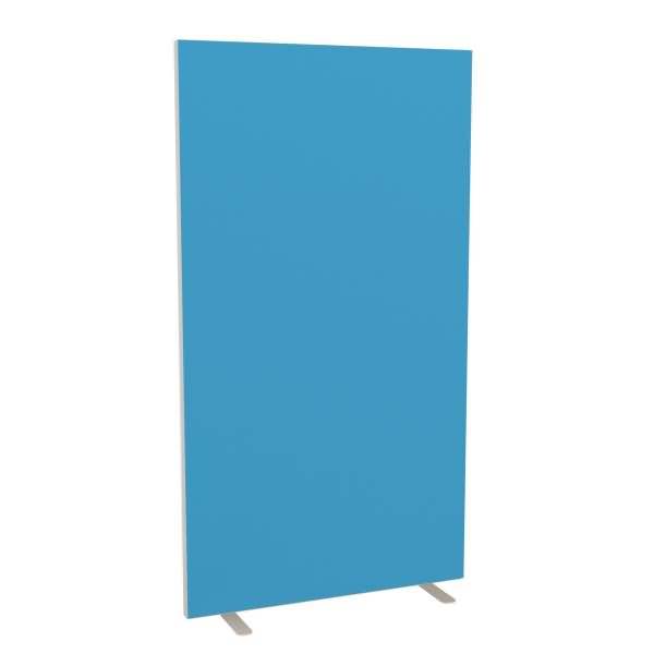 Ein einfaches blaues freistehendes Panel oder Schild mit zwei kleinen grauen Stützfüßen auf weißem Hintergrund.