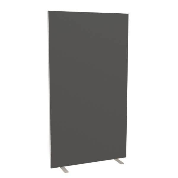 Hohes dunkles grau rechteckiges Panel, das auf zwei kleinen Metallfüßen gegen einen weißen Hintergrund steht.