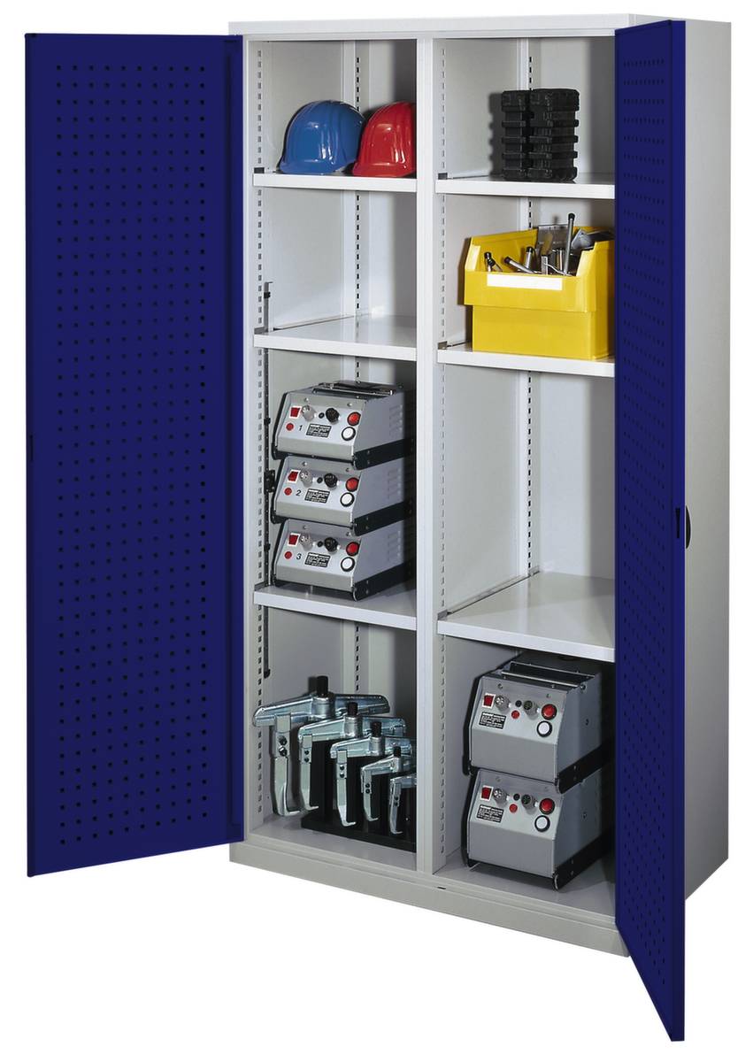 Schwerlast-Lochplattenschrank,HxBxT 1950x1000x600mm,6xStahlboden,Mitteltrennwand,Zyl.-Schl.,Sockel,Korpus RAL7035