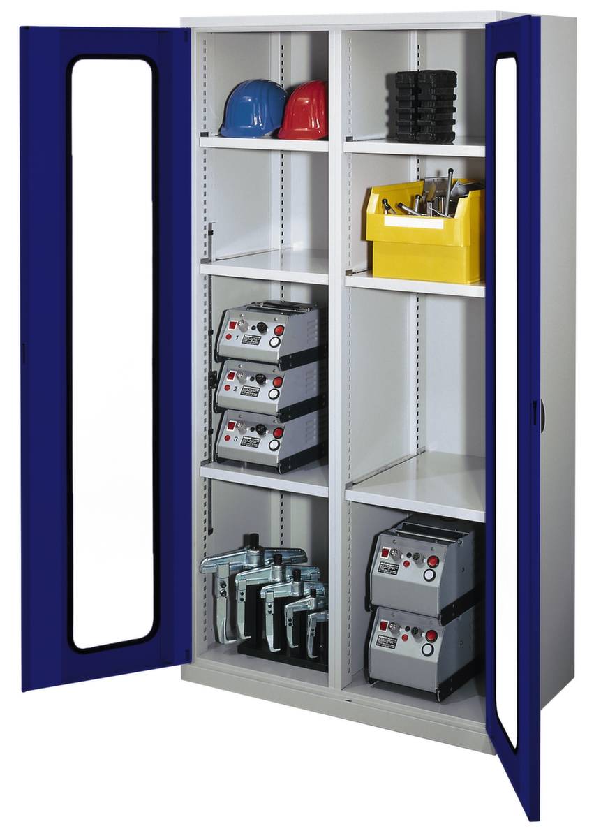 Schwerlast-Sichtfensterschrank,HxBxT 1950x1000x600mm,6xStahlboden,Mitteltrennwand,Zyl.-Schl.,Sockel,Korpus RAL7035