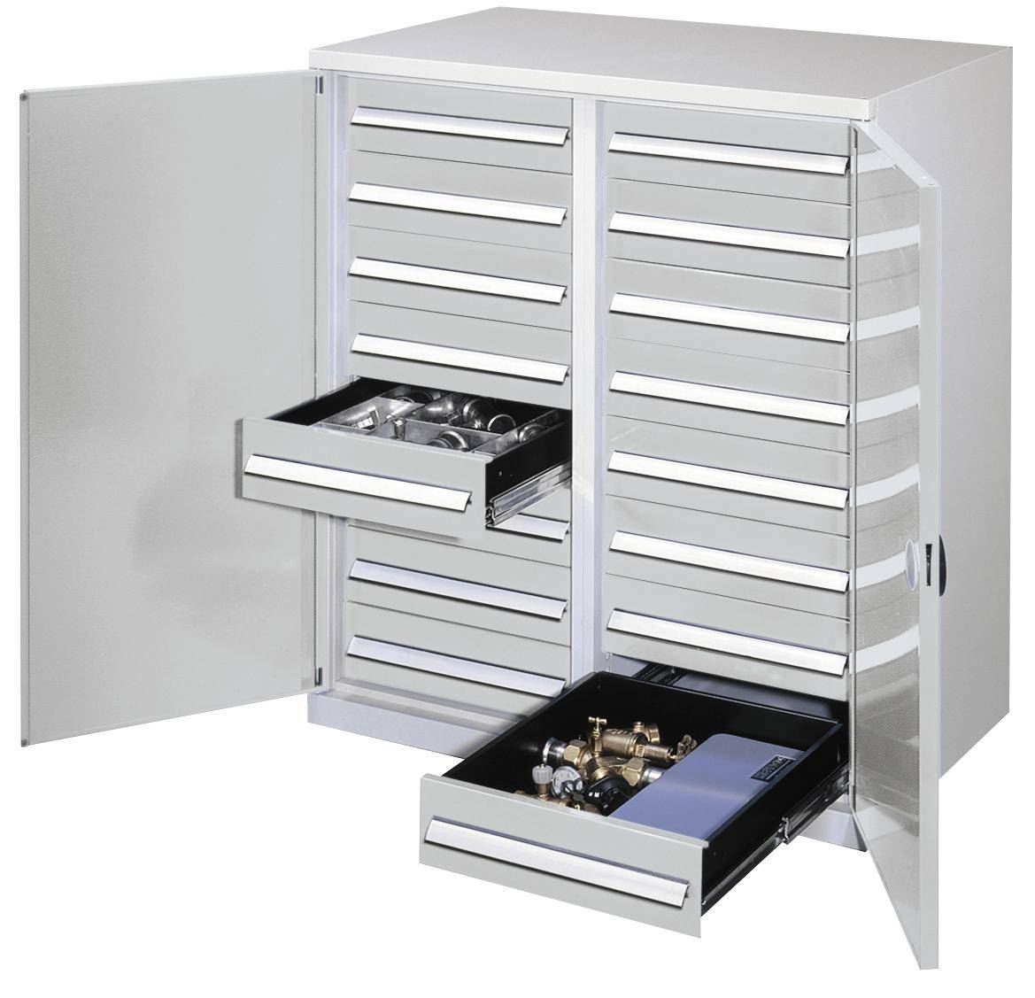 Schwerlast-Flügeltürenschrank,HxBxT 1100x1000x600mm,16 Schublade(n),Mitteltrennwand,Zyl.-Schl.,Sockel,Korpus RAL7035