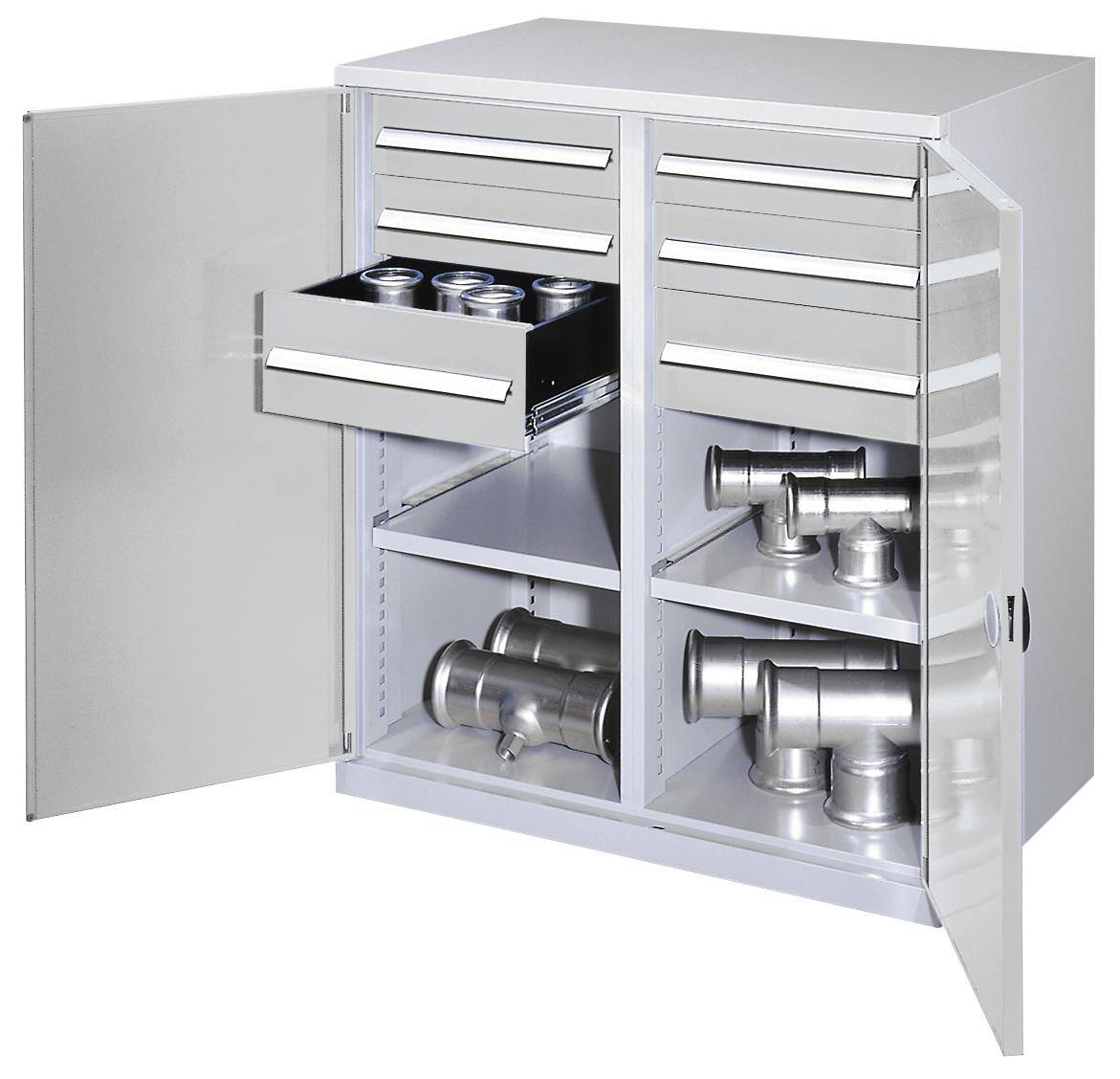 Schwerlast-Flügeltürenschrank,HxBxT 1100x1000x600mm,2xStahlboden,6 Schublade(n),Mitteltrennwand,Zyl.-Schl.,Sockel