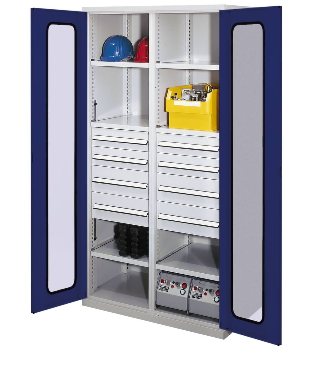 Systemschrank,HxBxT 1950x1000x600mm,6xStahlboden,8 Schublade(n),Mitteltrennwand,Zyl.-Schl.,Sockel,Korpus RAL7035