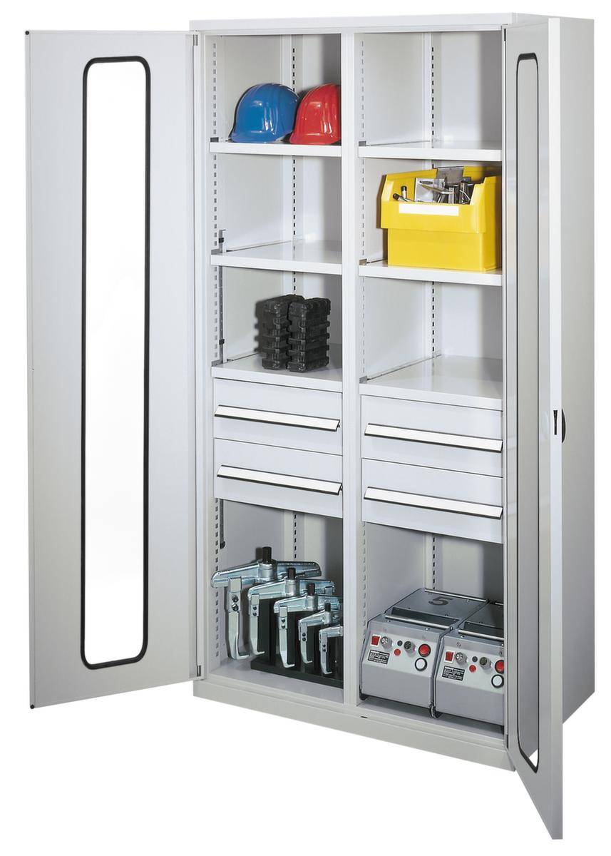 Systemschrank,HxBxT 1950x1000x600mm,6xStahlboden,4 Schublade(n),Mitteltrennwand,Zyl.-Schl.,Sockel,Korpus RAL7035