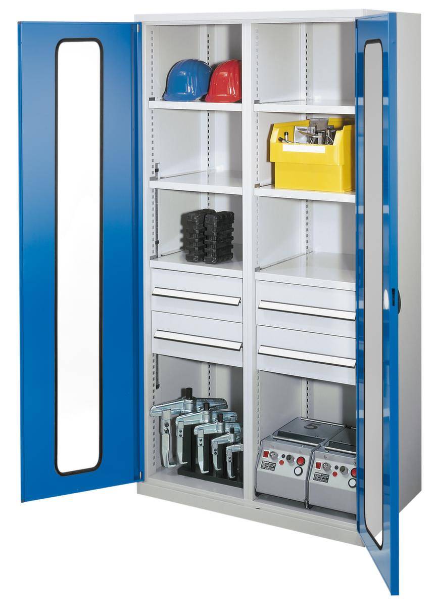 Systemschrank,HxBxT 1950x1000x600mm,6xStahlboden,4 Schublade(n),Mitteltrennwand,Zyl.-Schl.,Sockel,Korpus RAL7035