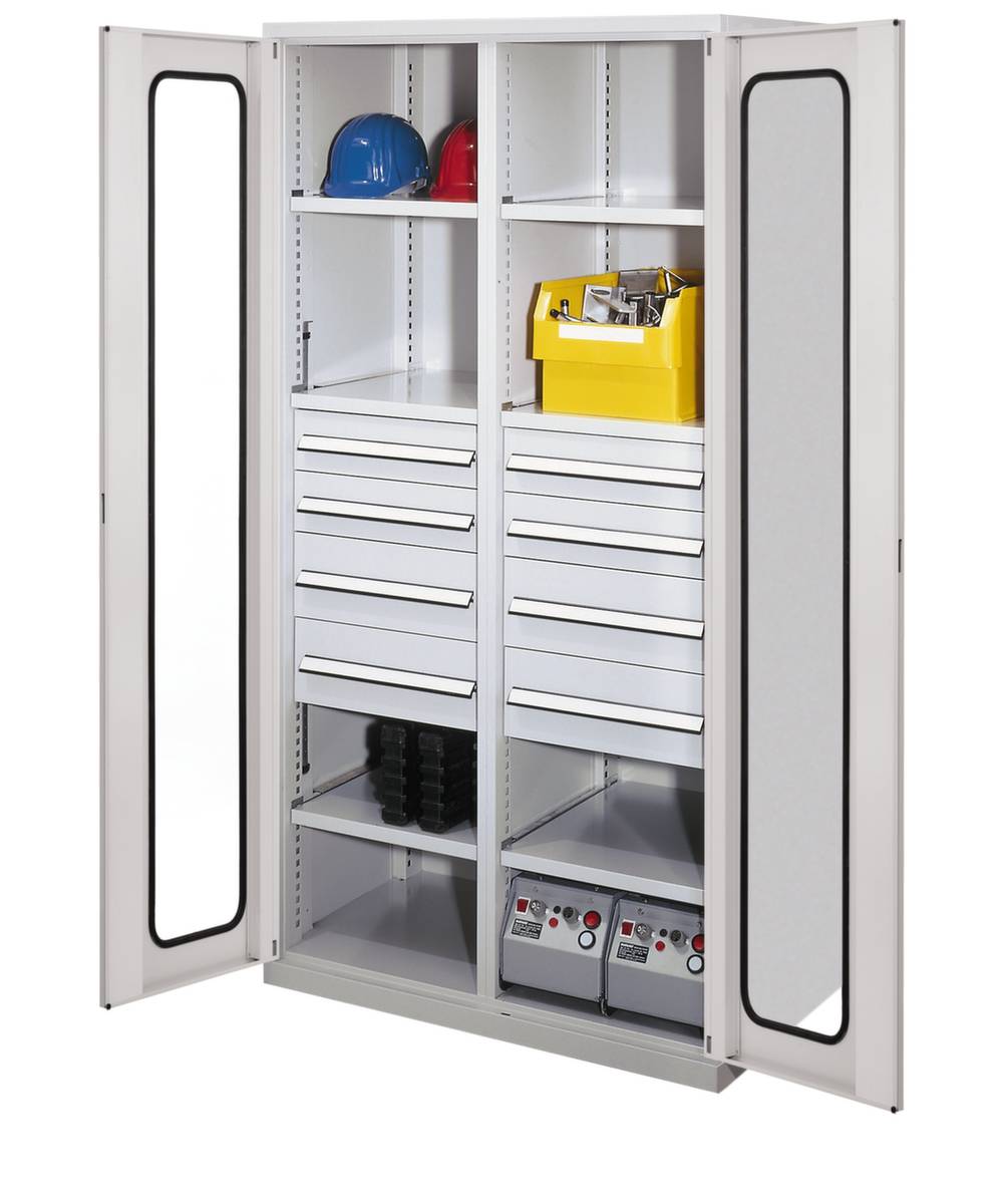 Systemschrank,HxBxT 1950x1000x600mm,6xStahlboden,8 Schublade(n),Mitteltrennwand,Zyl.-Schl.,Sockel,Korpus RAL7035