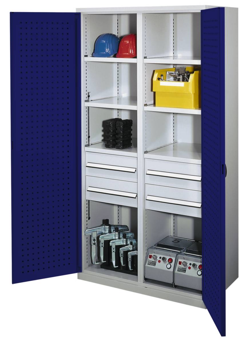 Schwerlast-Lochplattenschrank,HxBxT 1950x1000x600mm,6xStahlboden,4 Schublade(n),Mitteltrennwand,Zyl.-Schl.,Sockel