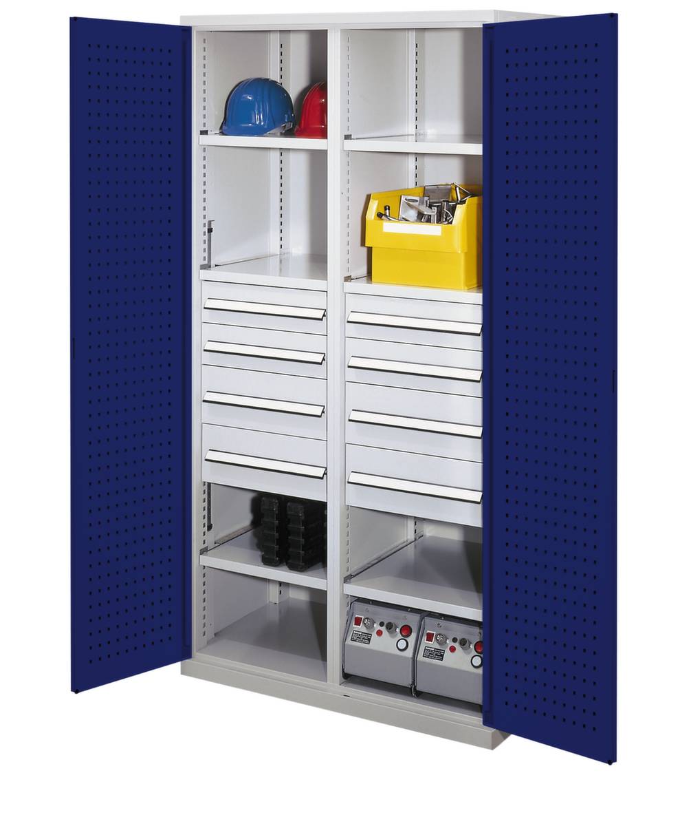 Schwerlast-Lochplattenschrank,HxBxT 1950x1000x600mm,6xStahlboden,8 Schublade(n),Mitteltrennwand,Zyl.-Schl.,Sockel