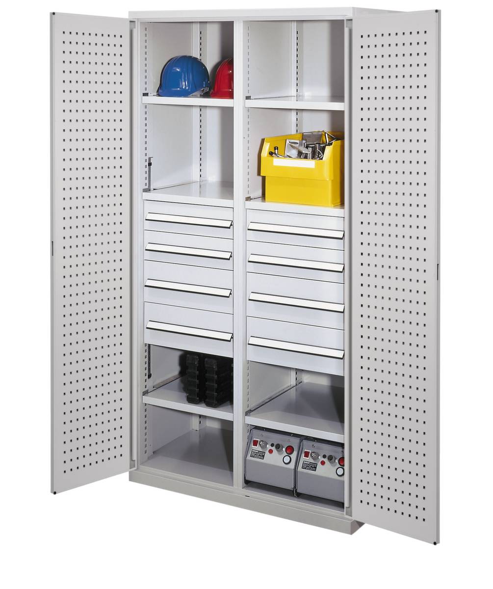 Schwerlast-Lochplattenschrank,HxBxT 1950x1000x600mm,6xStahlboden,8 Schublade(n),Mitteltrennwand,Zyl.-Schl.,Sockel